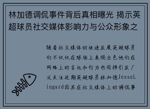 林加德调侃事件背后真相曝光 揭示英超球员社交媒体影响力与公众形象之争